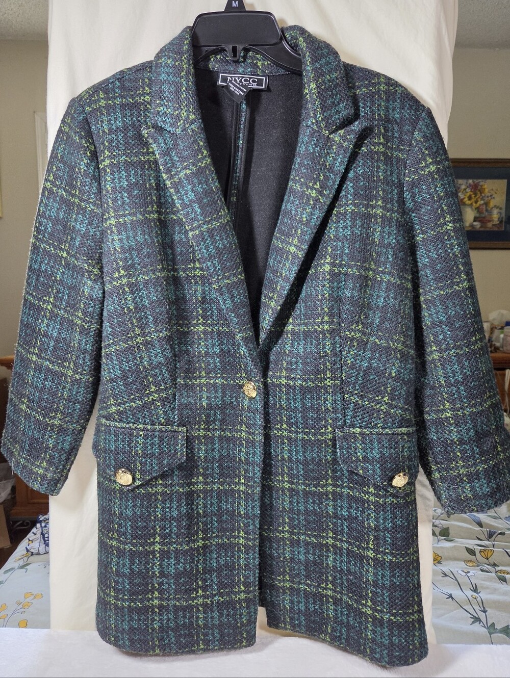 NYCC Vintage Plaid Tweed Blazer Jacket Green Blue Gold Button Women's Size M